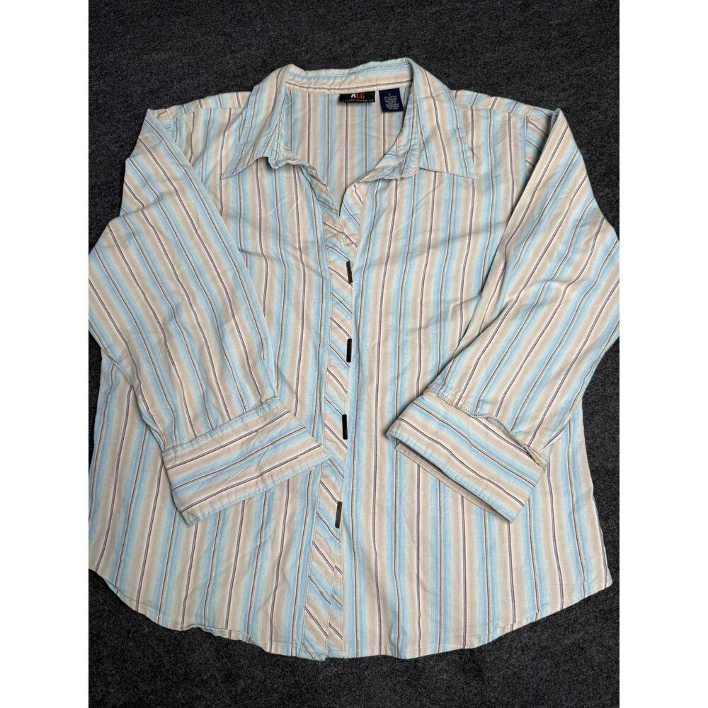ALC Atlast Classics Snap Button-up Long Sleeve Shirt Women's Size L Blue Cream